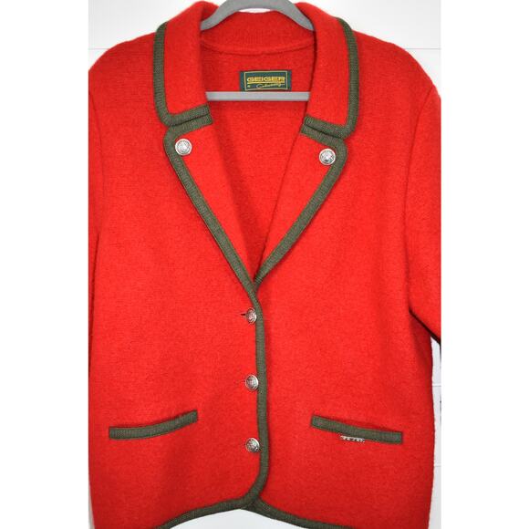 GEIGER Boiled Wool Jacket Blazer Red Sz 40/10 Silver Buttons Classic Academia - Picture 4 of 14